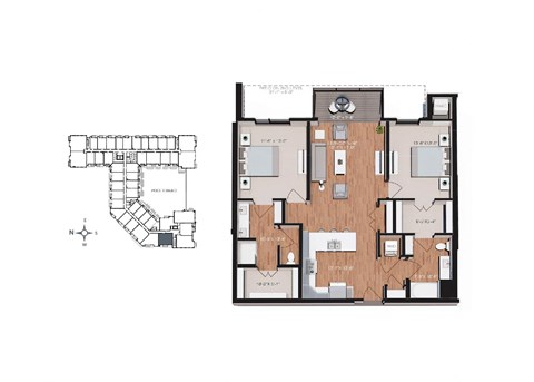 Floor plan for 2 beds, 2 baths, 1154 sqft